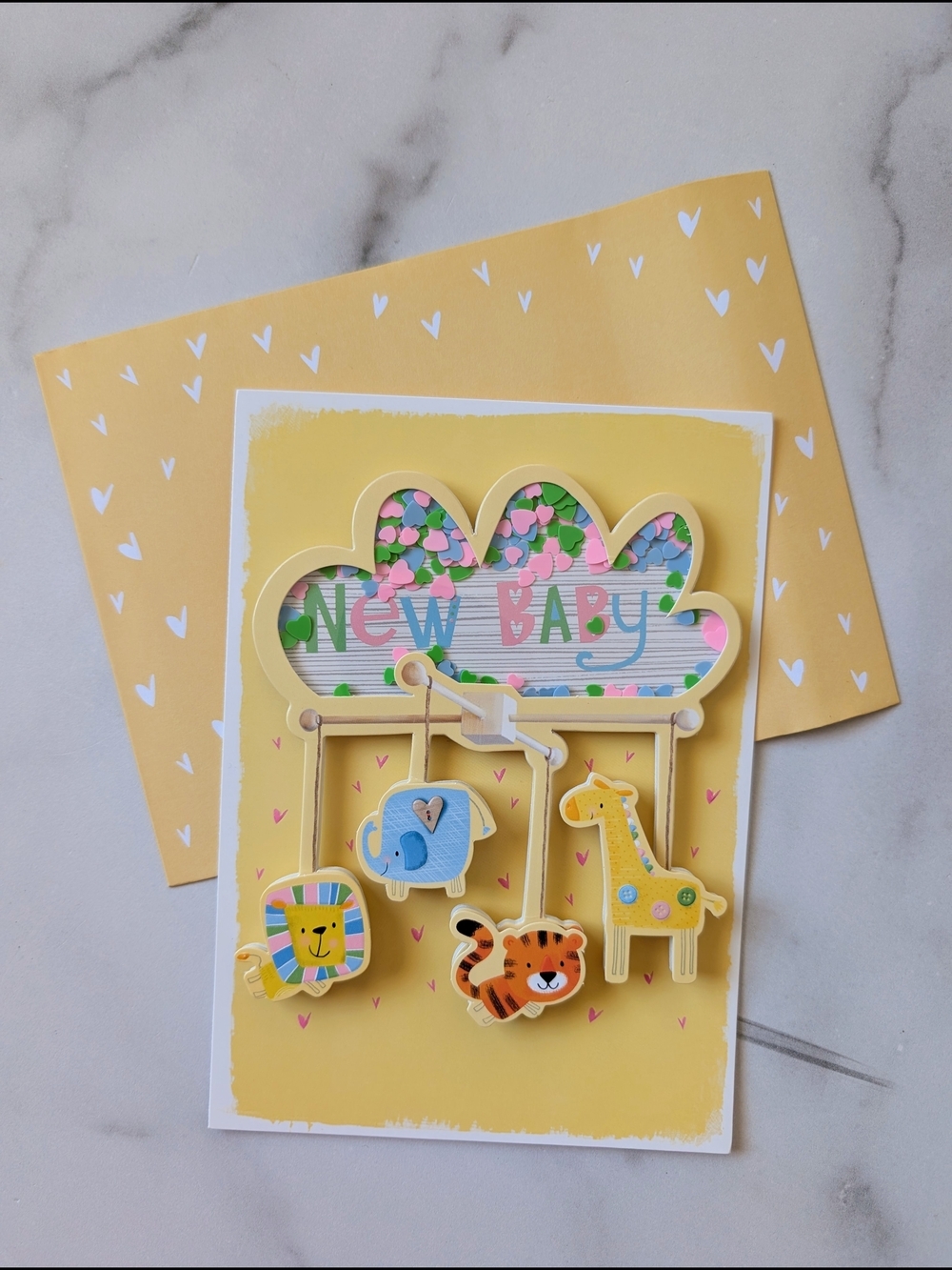 New Baby Yellow Baby Shower Card with Animal Mobile